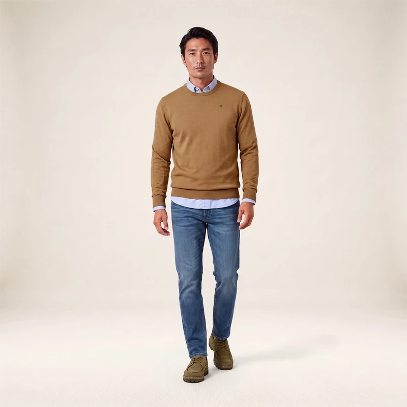 Pull col rond mérinos en laine mélangée marron noyer Mao Essentiel