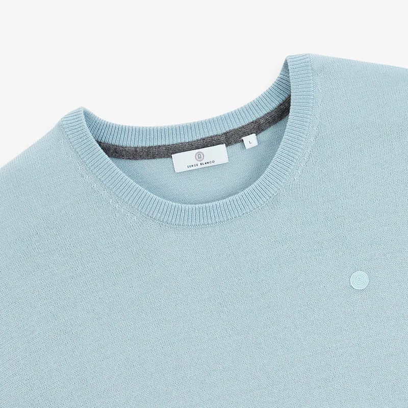 Pull col rond mérinos en laine mélangée bleu brise Mao Essentiel