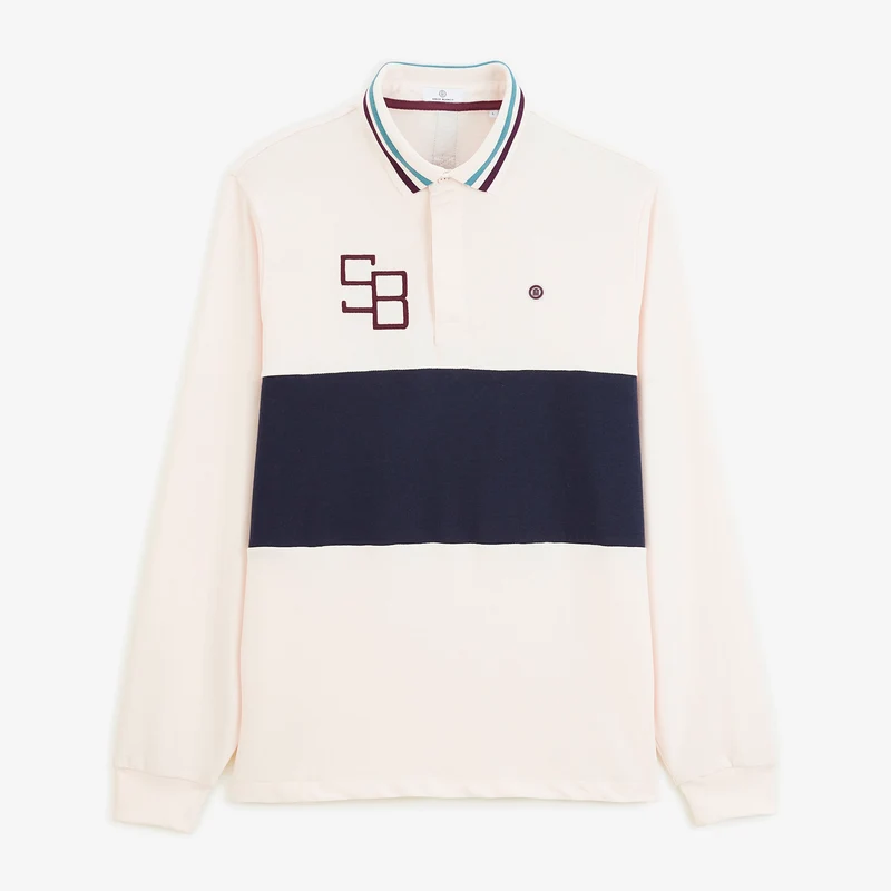 Polo rugby manches longues bicolore coton blanc cassé