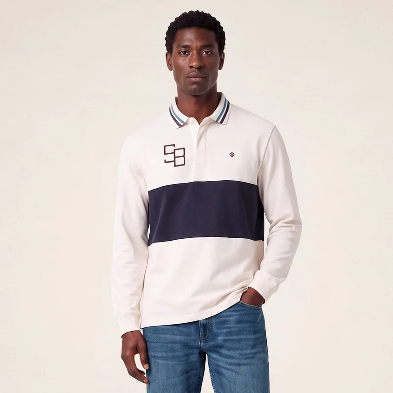 Polo rugby manches longues bicolore coton blanc cassé