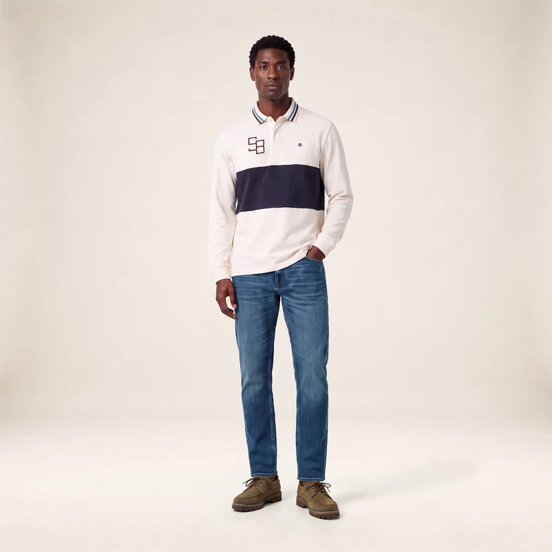 Polo rugby manches longues bicolore coton blanc cassé