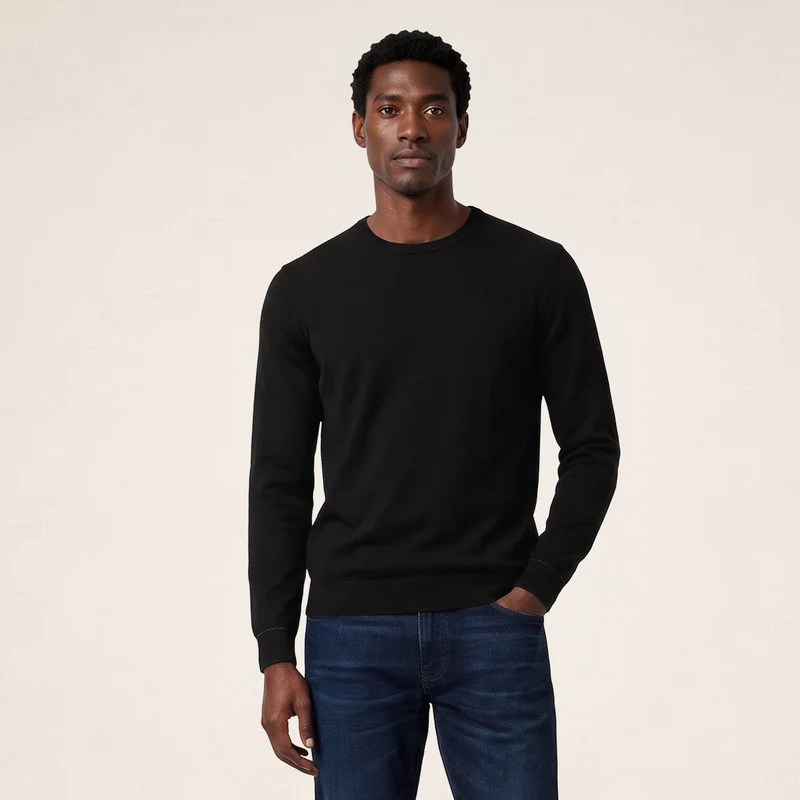 Pull col rond mérinos en laine mélangée noir Mao Essentiel
