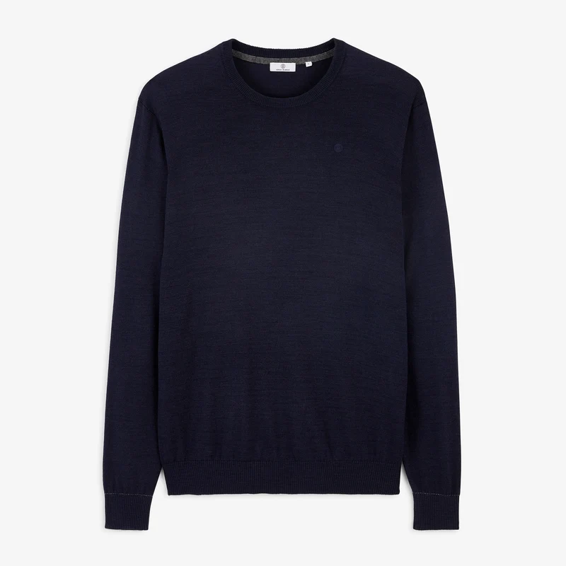 Pull col rond mérinos en laine mélangée bleu marine foncé Mao Essentiel
