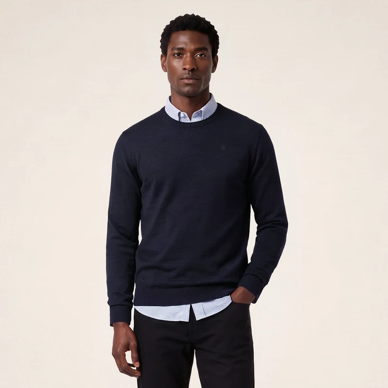 Pull col rond mérinos en laine mélangée bleu marine foncé Mao Essentiel
