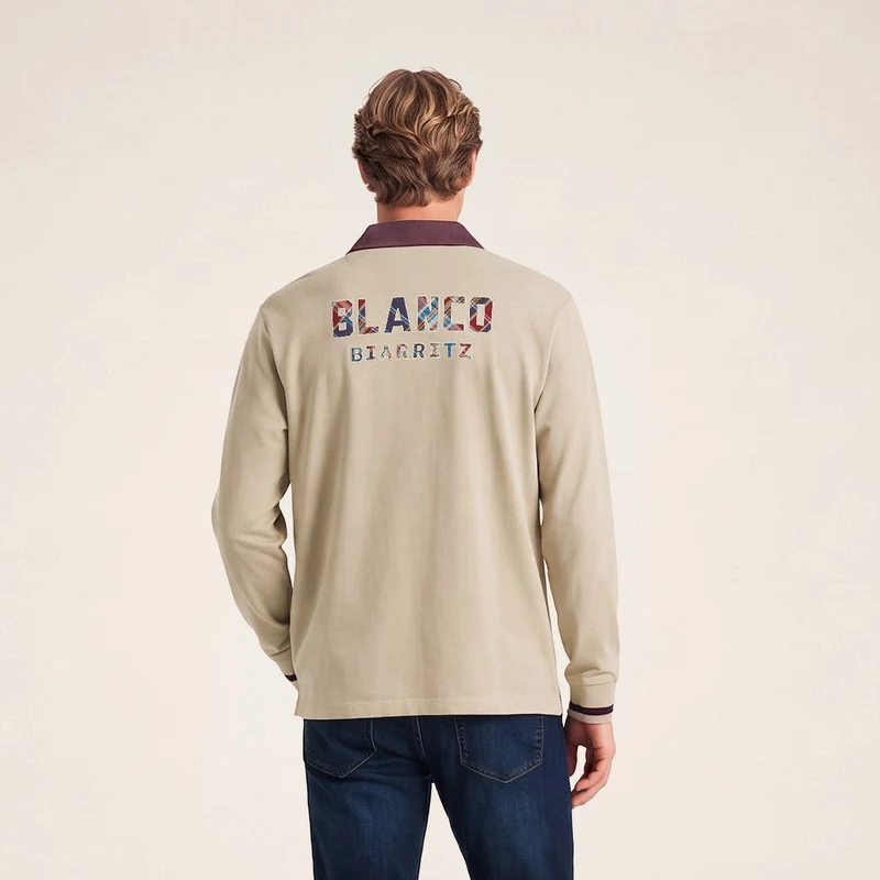 Polo rugby manches longues coton beige BLANCO BIARRITZ