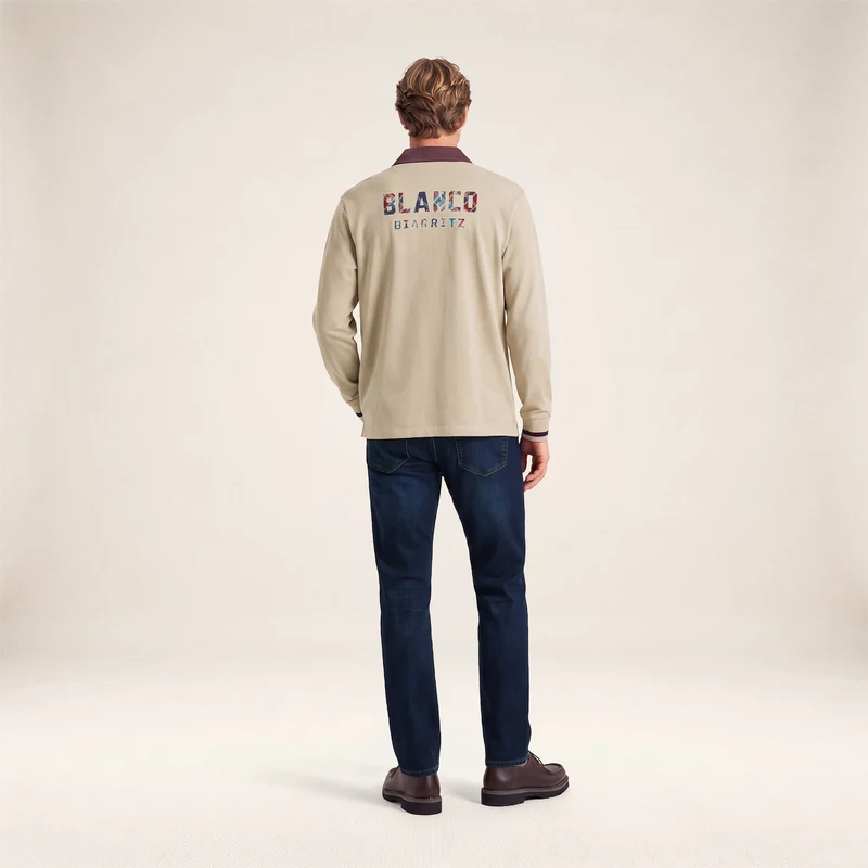 Polo rugby manches longues coton beige BLANCO BIARRITZ