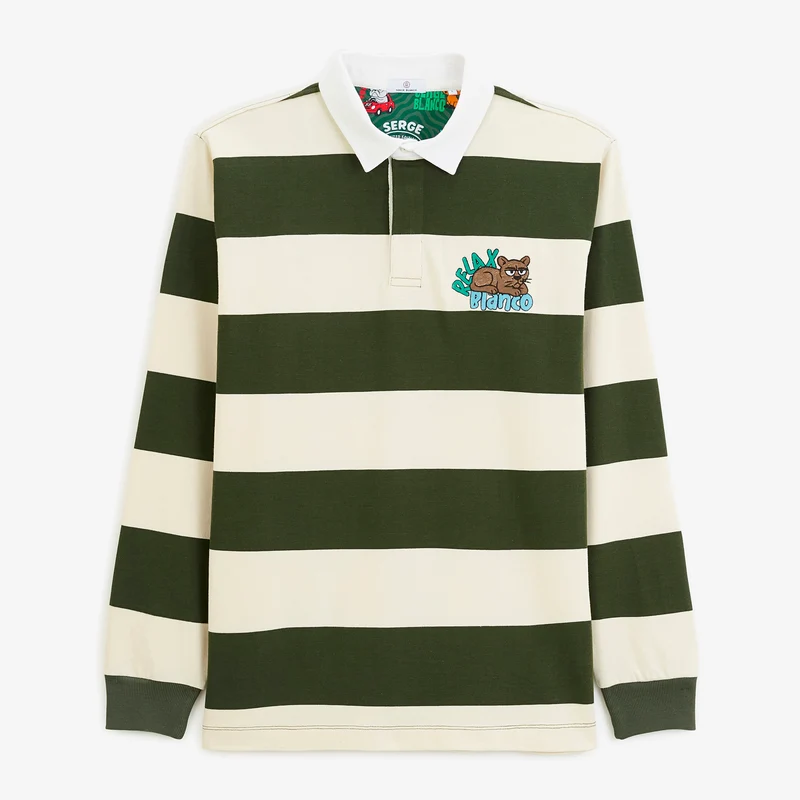 Polo rugby manches longues rayé coton vert thym Funky Animals