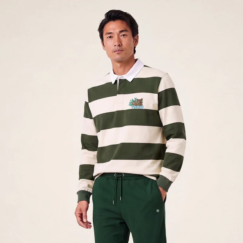 Polo rugby manches longues rayé coton vert thym Funky Animals