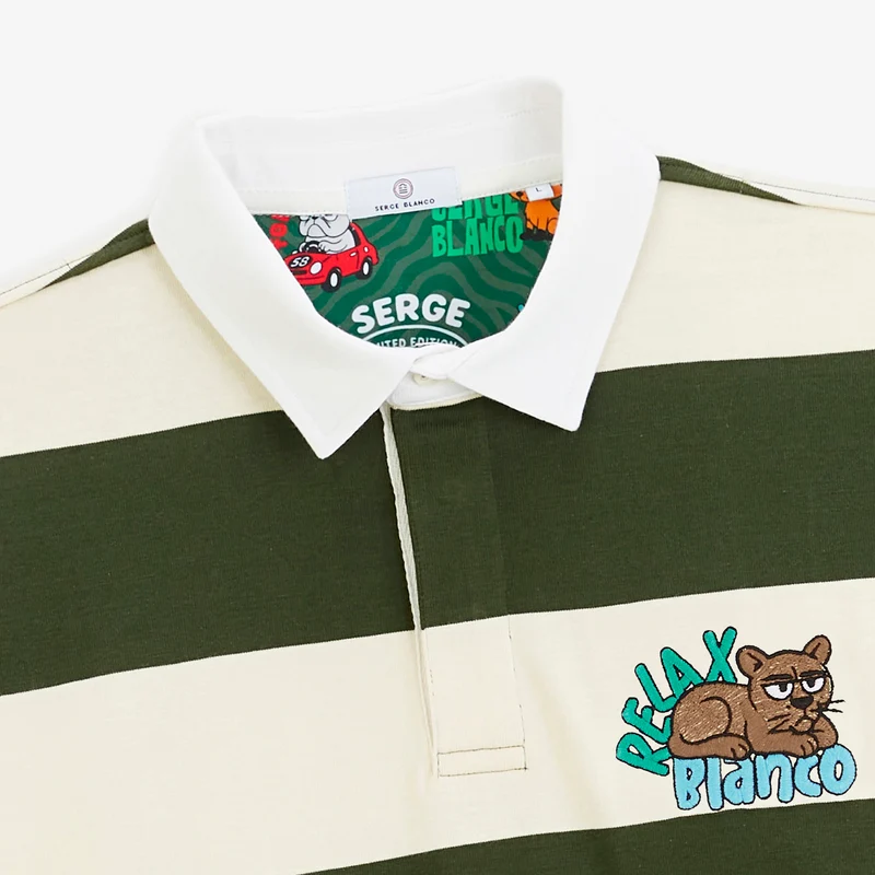 Polo rugby manches longues rayé coton vert thym Funky Animals