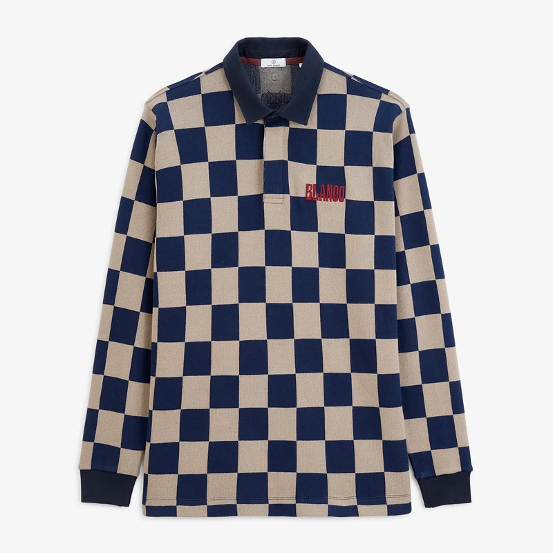 Polo rugby manches longues damier coton beige BLANCO