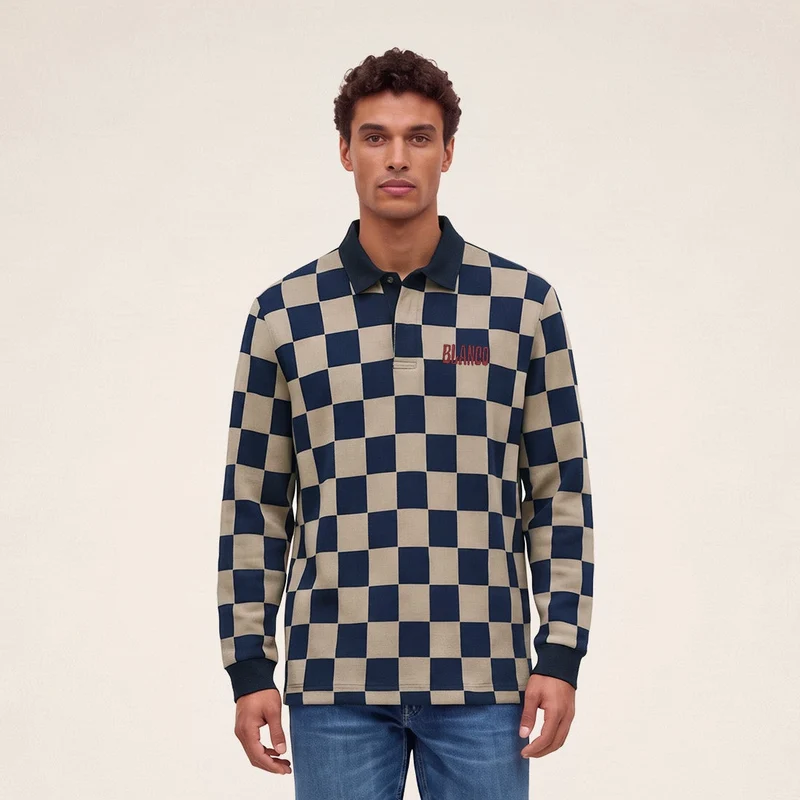 Polo rugby manches longues damier coton beige BLANCO