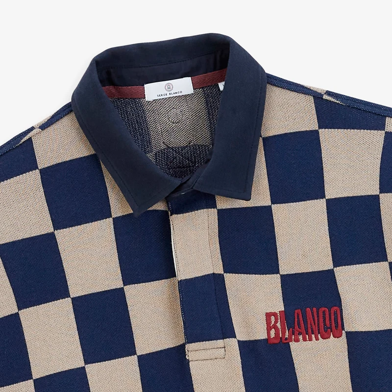 Polo rugby manches longues damier coton beige BLANCO
