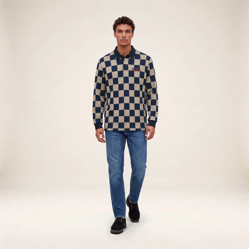 Polo rugby manches longues damier coton beige BLANCO