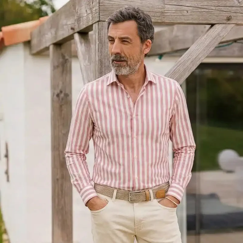 Chemise ajustée rayée en popeline coton rose fuchsia