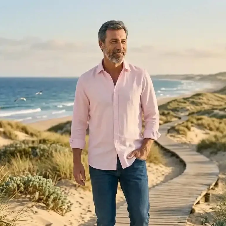 Chemise en lin col classique et coupe ajustée rose pâle