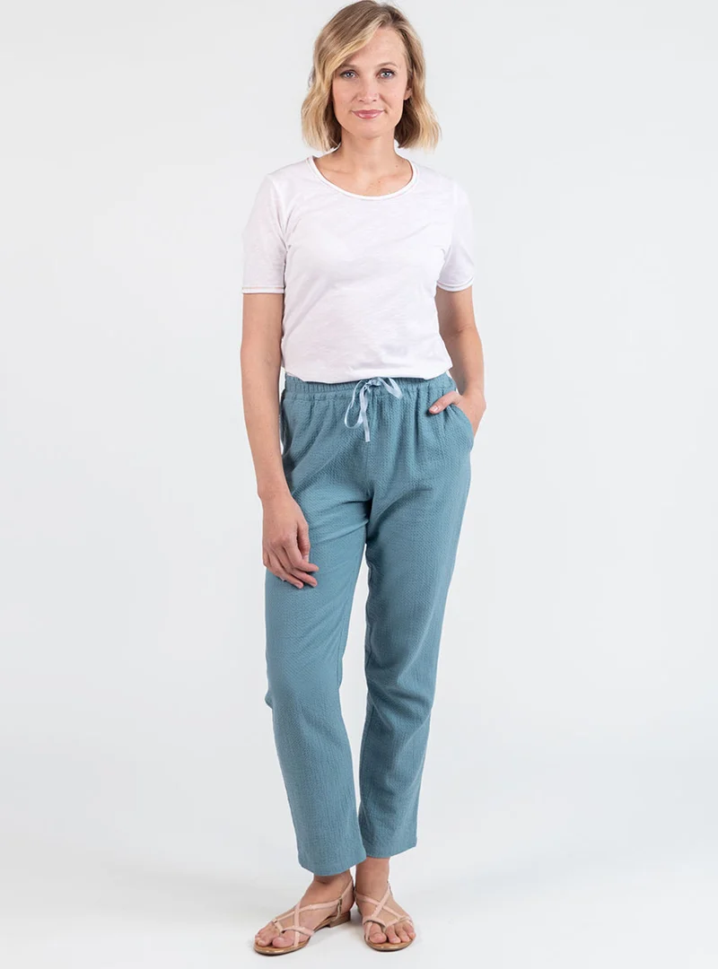 Pantalon femme coton gaufré vert littoral