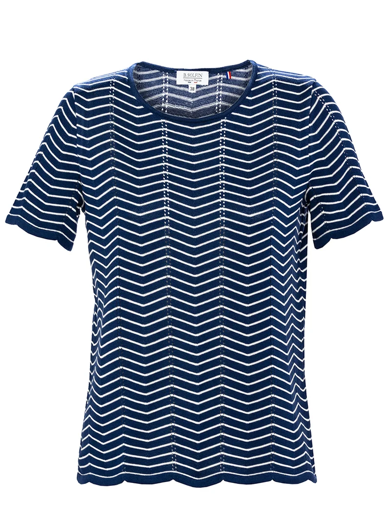 Pull femme coton manches courtes marine/crème