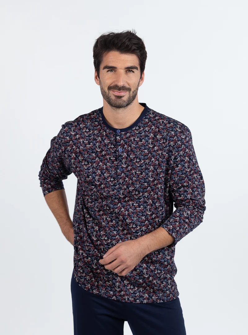 Pyjama homme en coton imprimé feuilles rouges