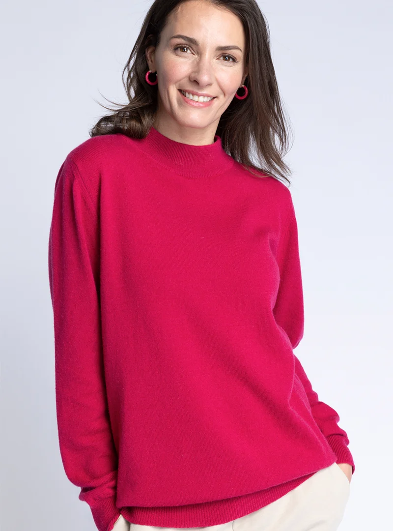 Pull col cheminée femme 100% cachemire Rose Framboise