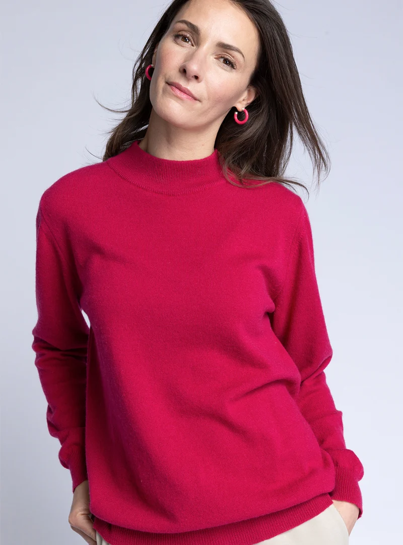 Pull col cheminée femme 100% cachemire Rose Framboise