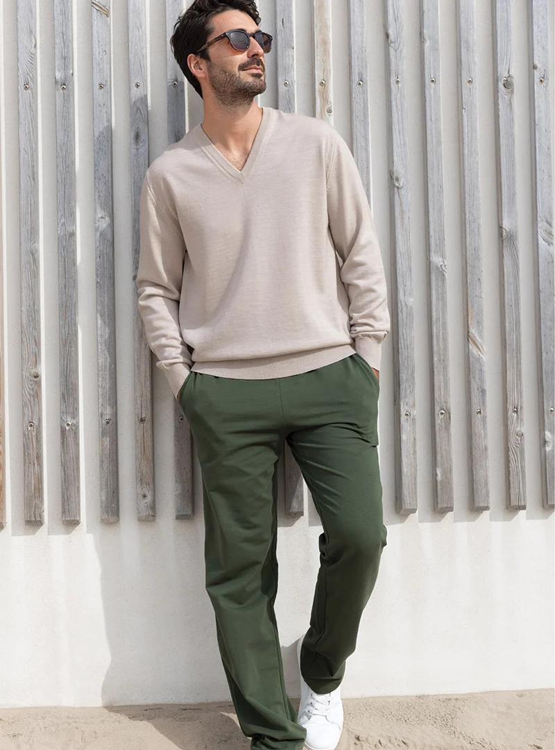 Pantalon homme en molleton vert algue