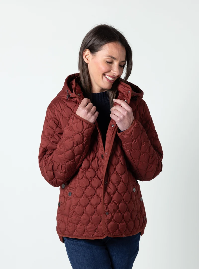 Veste femme matelassée rouge brun avec capuche