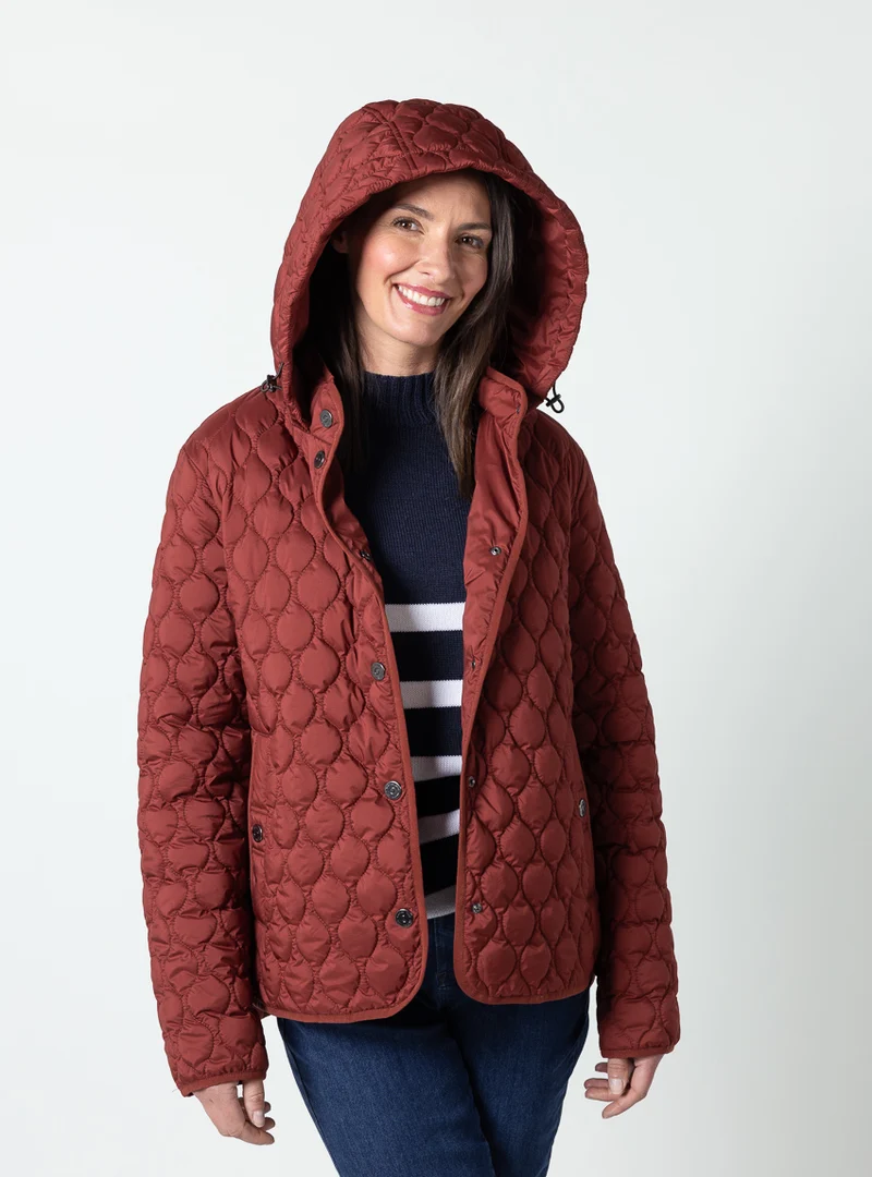 Veste femme matelassée rouge brun avec capuche