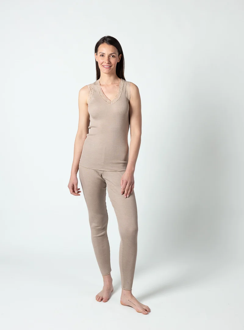 Débardeur femme à larges bretelles laine et soie beige élégant