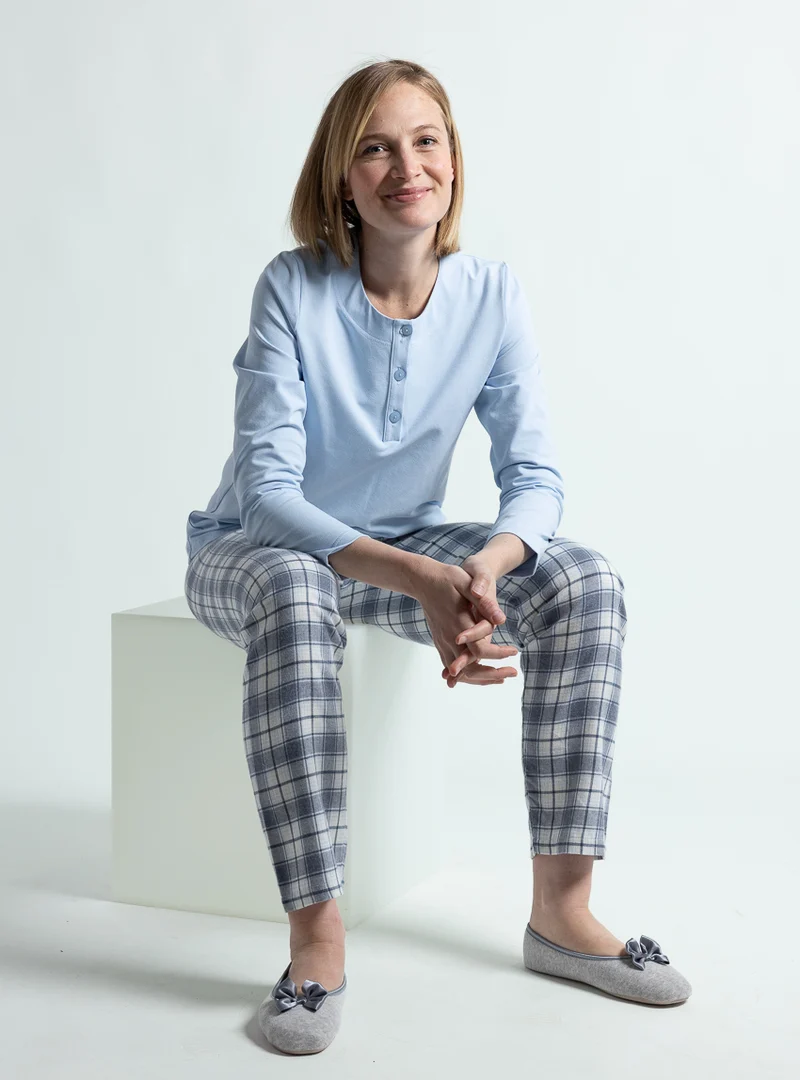 Pyjama femme en coton carreaux bleus