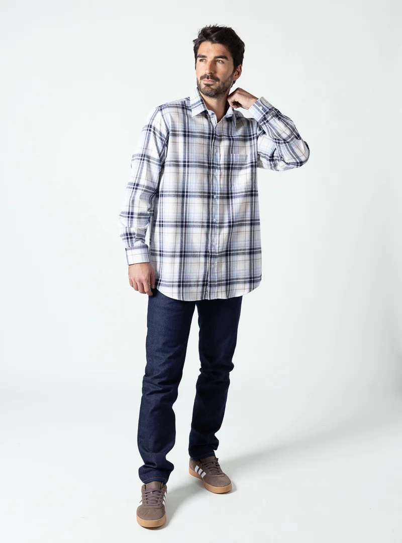 Chemise homme coton et laine carreaux beige bleu