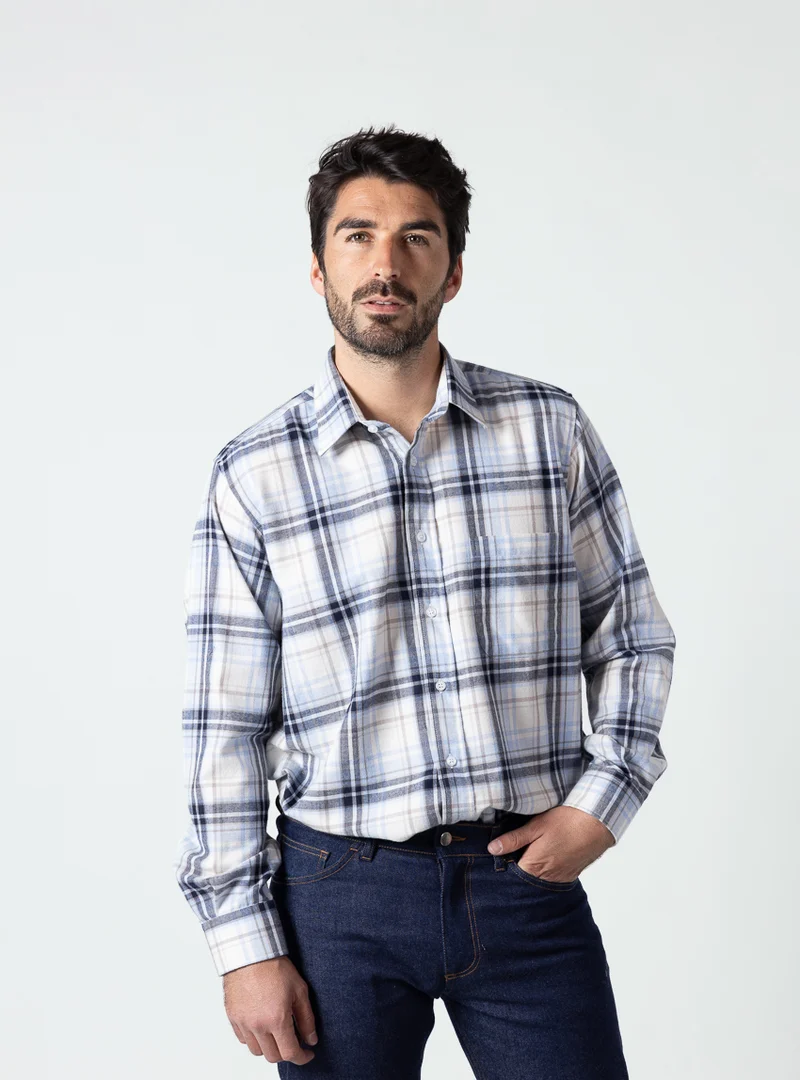 Chemise homme coton et laine carreaux beige bleu