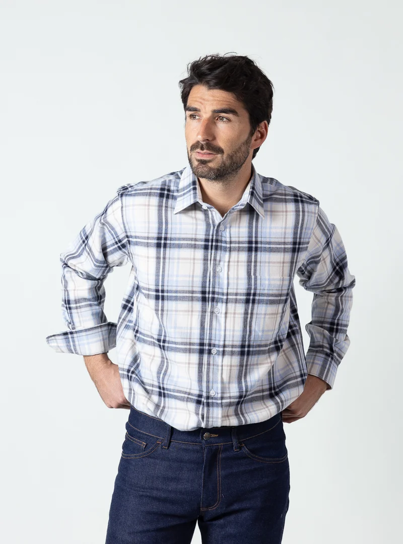 Chemise homme coton et laine carreaux beige bleu
