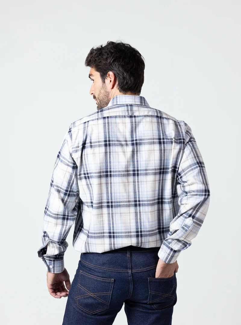 Chemise homme coton et laine carreaux beige bleu