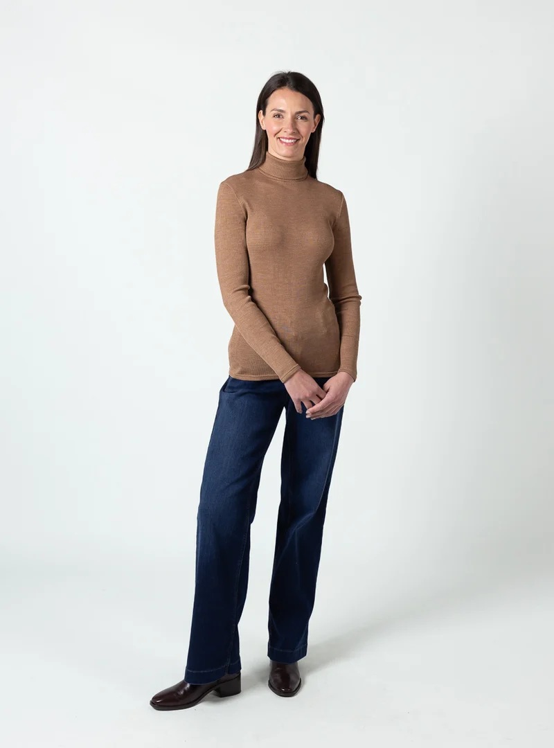 Pull chaussette femme col roulé laine mérinos et soie marron cuir