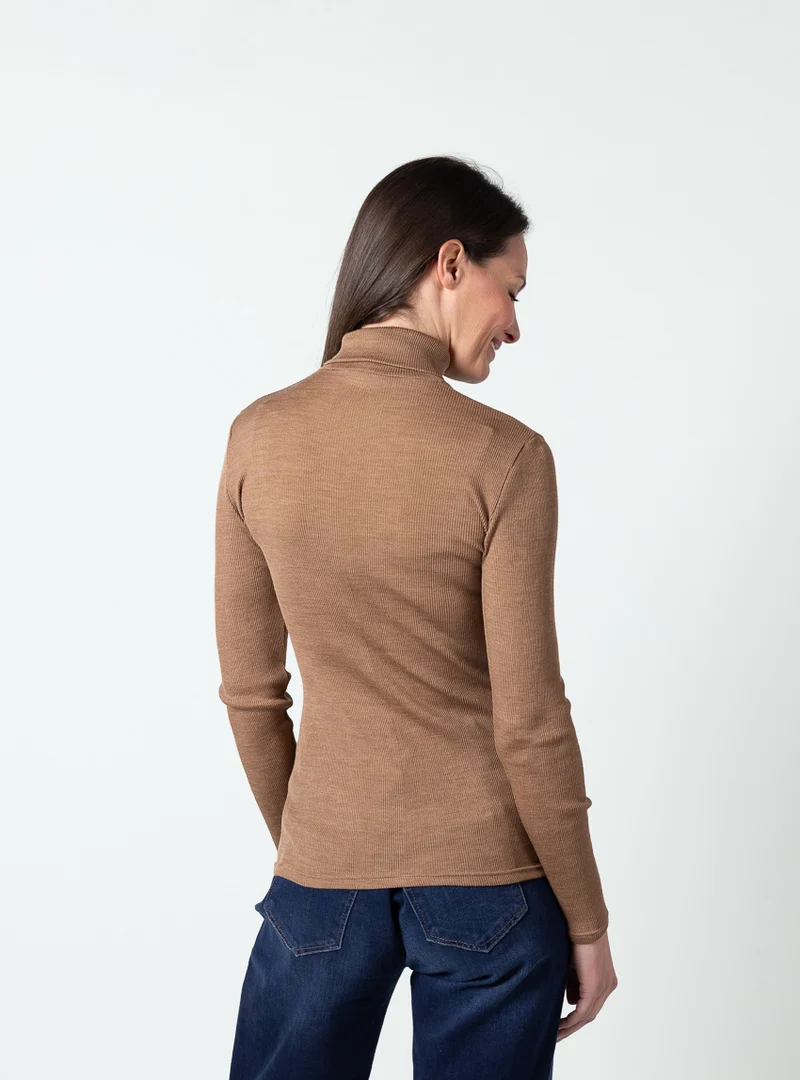 Pull chaussette femme col roulé laine mérinos et soie marron cuir
