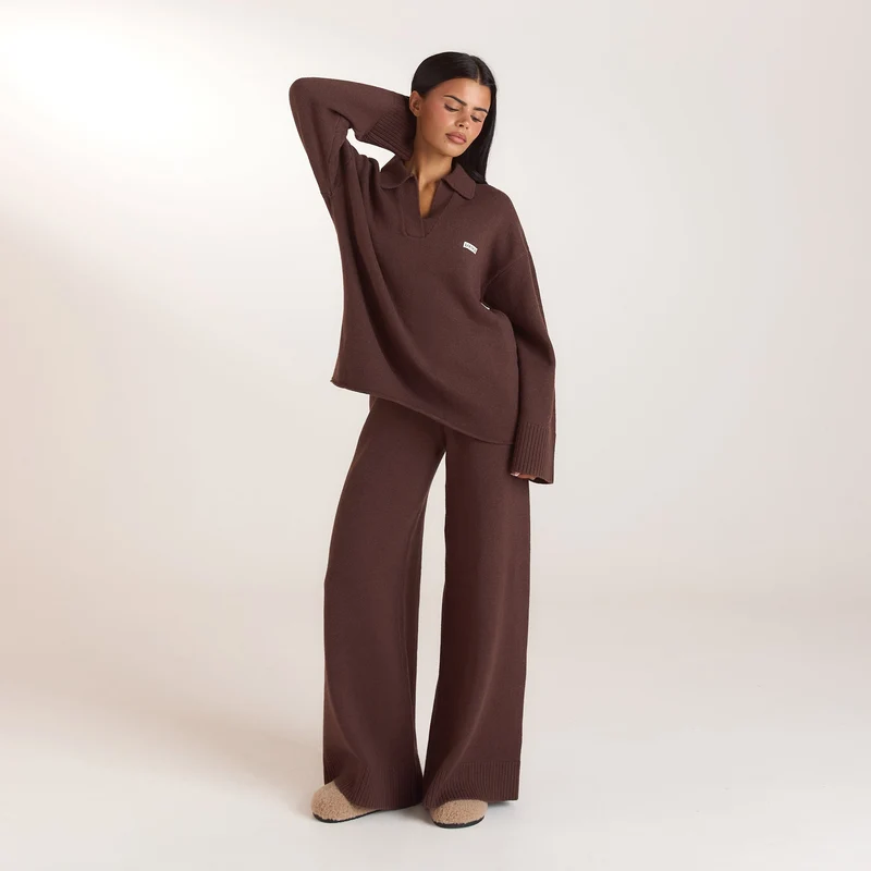 Pantalon en Maille à Ourlets Côtelés - Chocolat