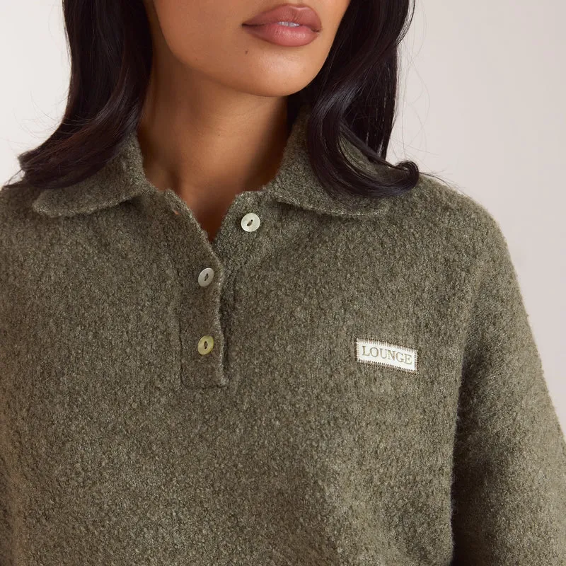 Pull Polo en Maille Bouclée - Kaki