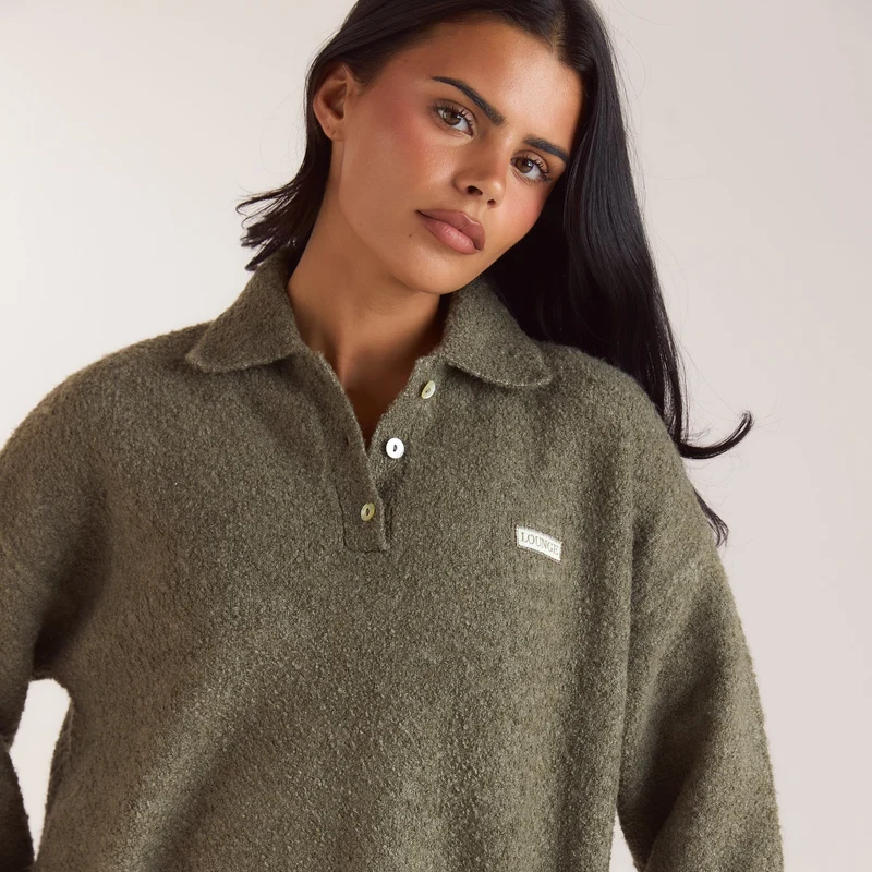 Pull Polo en Maille Bouclée - Kaki
