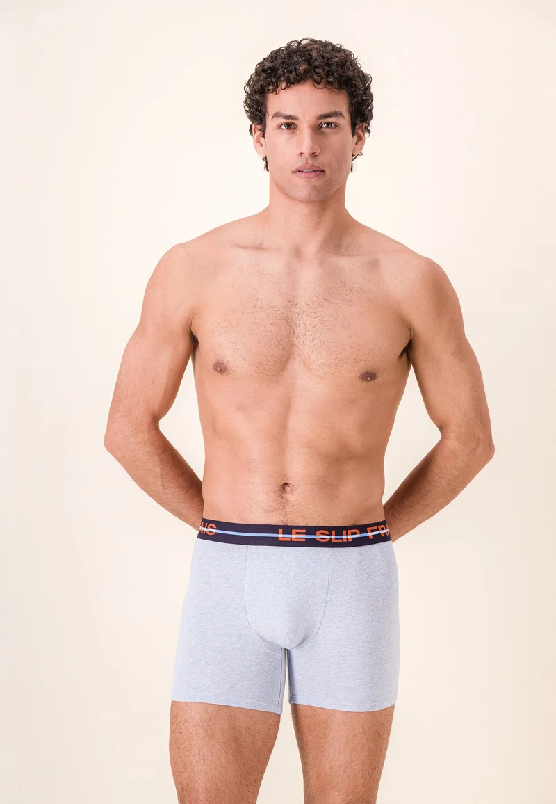 Lot de 3 boxers longs en coton - Boxers Longs Rayures Coq Bleu Ciel Chiné Marine