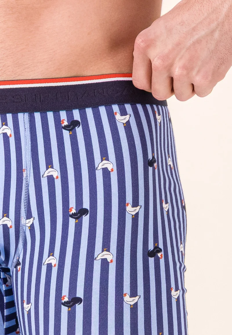 Lot de 3 boxers longs en coton - Boxers Longs Rayures Coq Bleu Ciel Chiné Marine