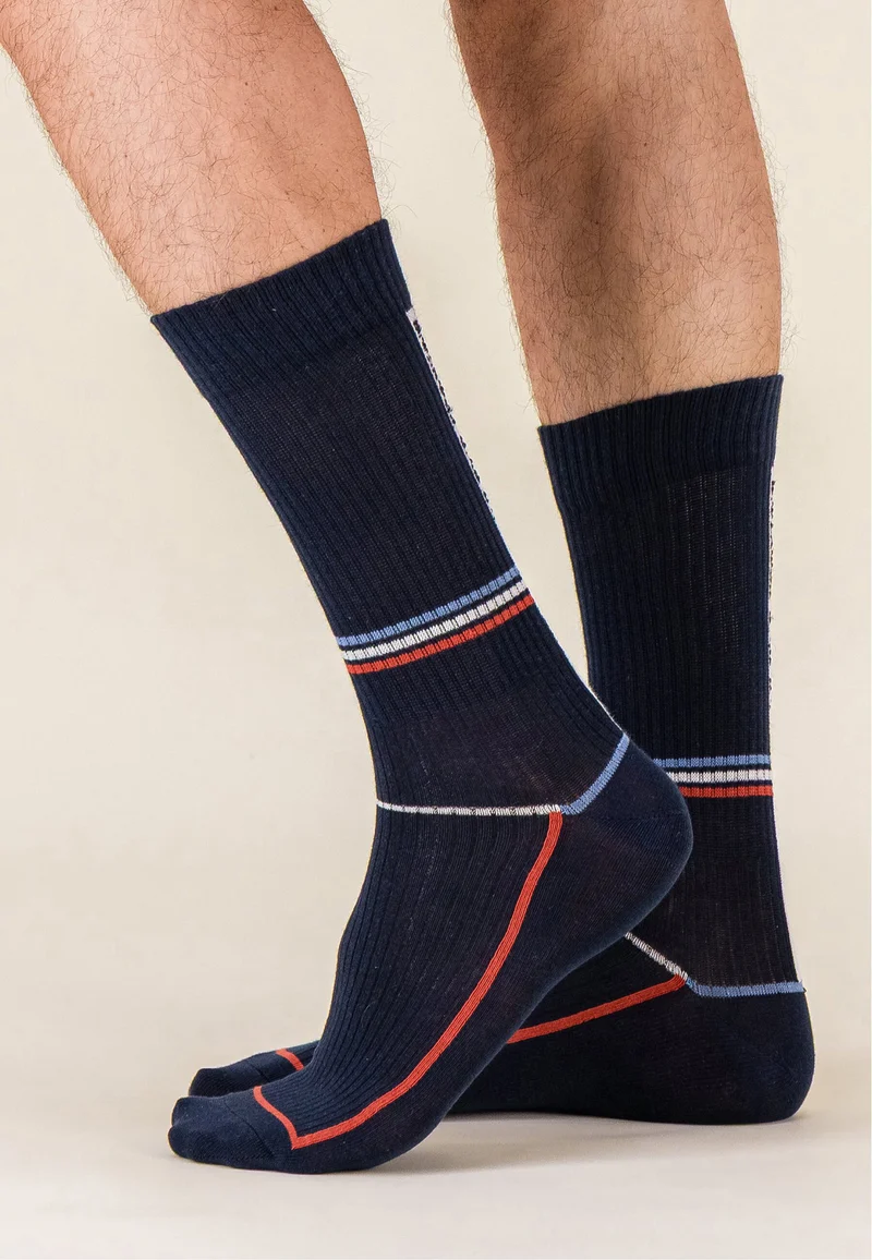 Chaussettes de sport mi-hautes rayées jaune et bleu marine - Wilfried Laser Marine Brique