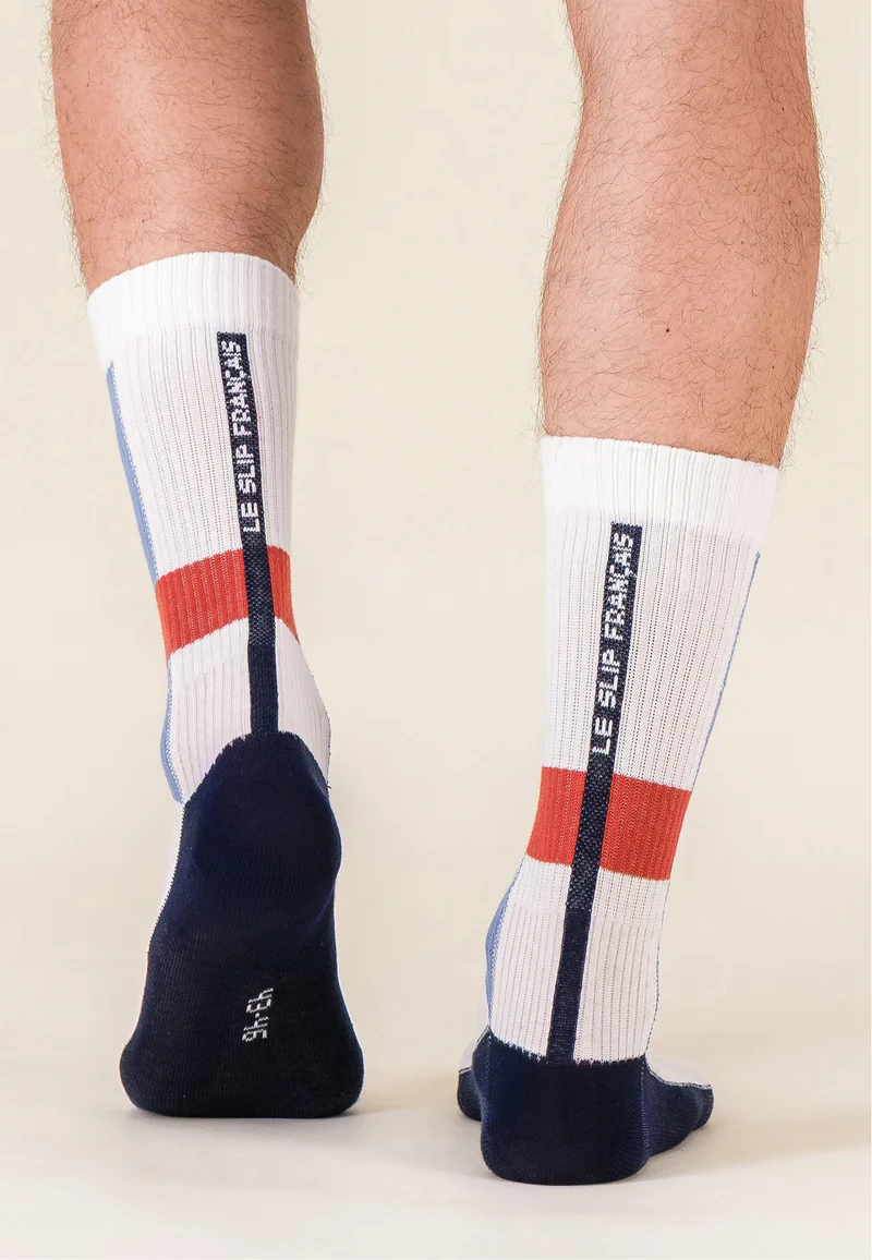Chaussettes de sport mi-hautes rayées jaune et bleu marine - Wilfried Mondrian Bleu Jean Brique