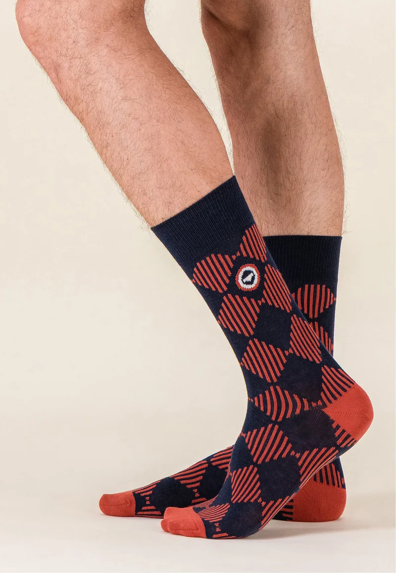 Chaussettes mi-hautes en coton - Lucas Damier Rouge Brique Marine
