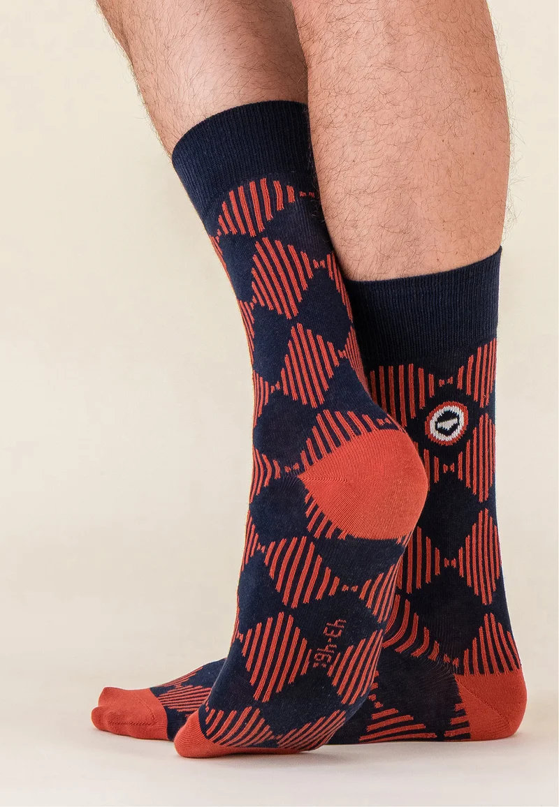 Chaussettes mi-hautes en coton - Lucas Damier Rouge Brique Marine