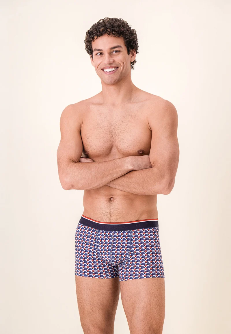 Boxer à motif puzzle bleu acier en coton - Marius Puzzle Bleu Acier
