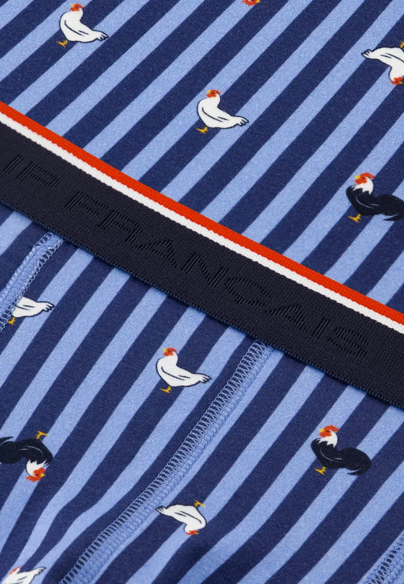 Boxer long à motif rayure coq bleu acier en coton - Michel Rayure Coq Bleu Acier
