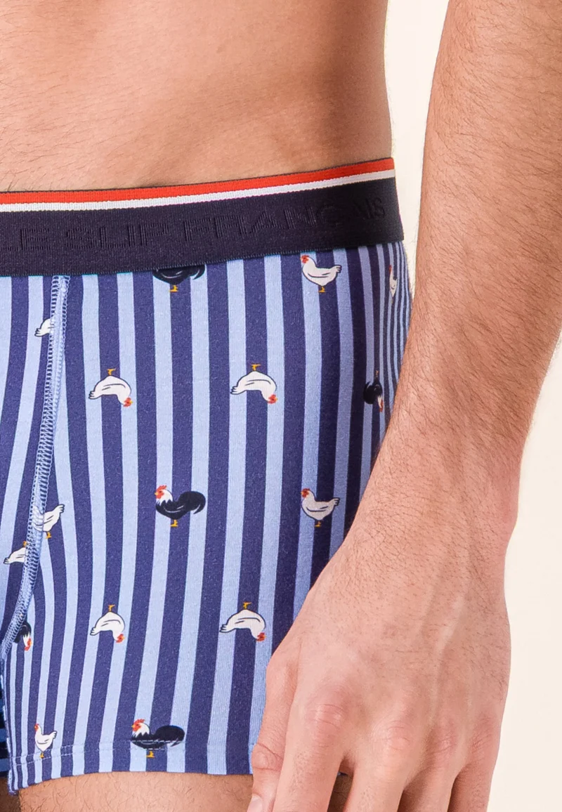 Boxer à motif rayure coq bleu acier en coton - Marius Rayure Coq Bleu Acier