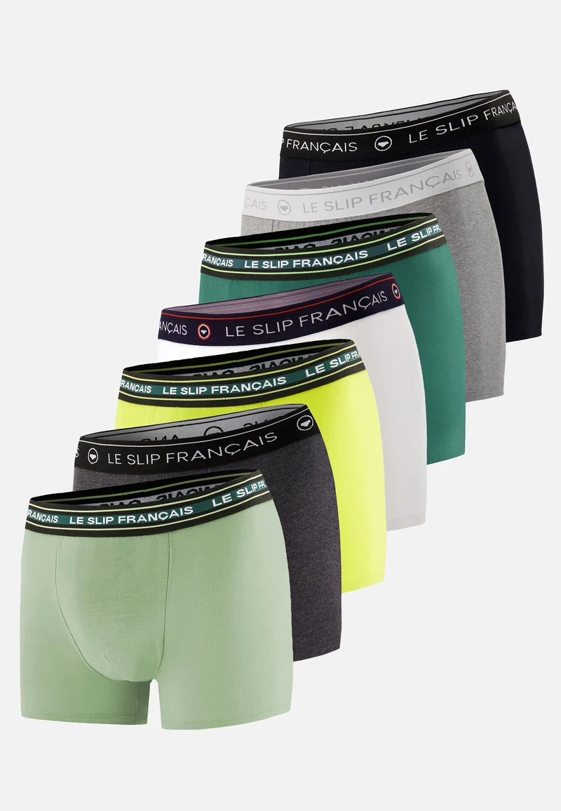 Lot de 7 boxers en coton - Boxers Noir Jaune Anis Vert Forêt Vert Sauge Anthracite Gris Chiné Blanc