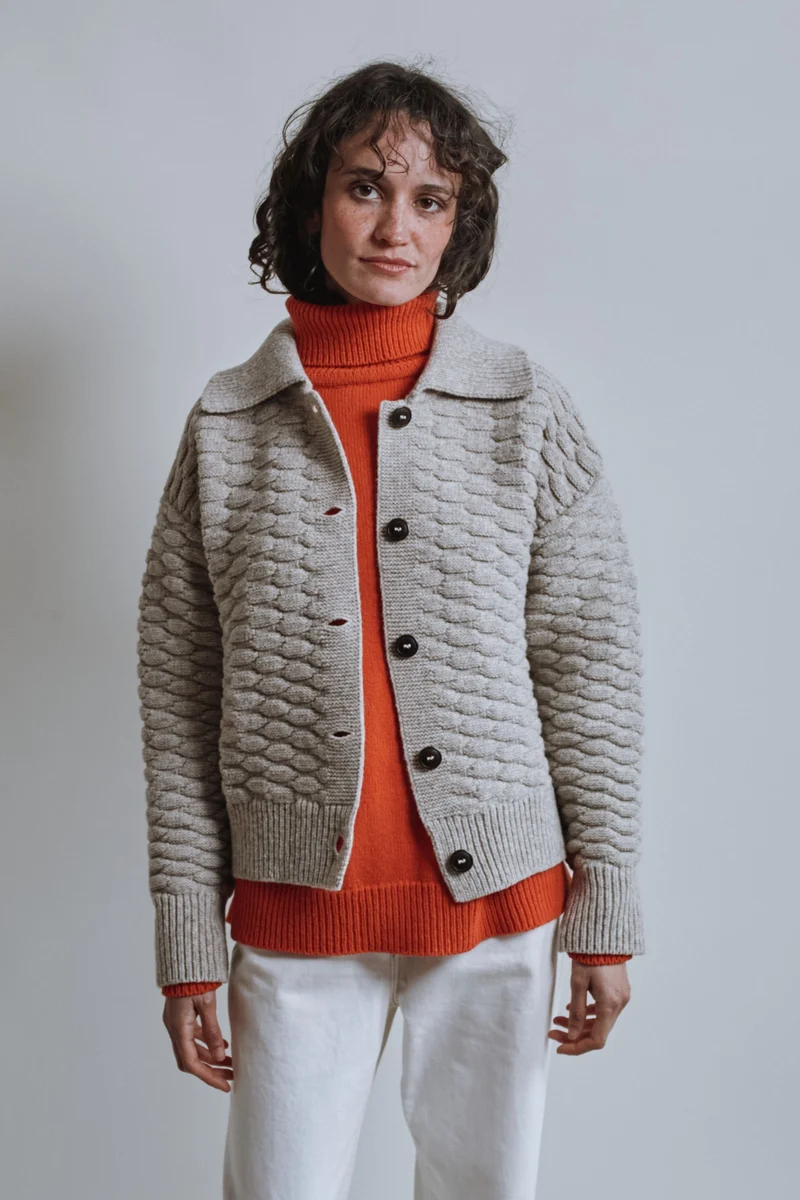 ASTRID Shirt-Collar Cardigan Jacket in Merino Wool - Beige