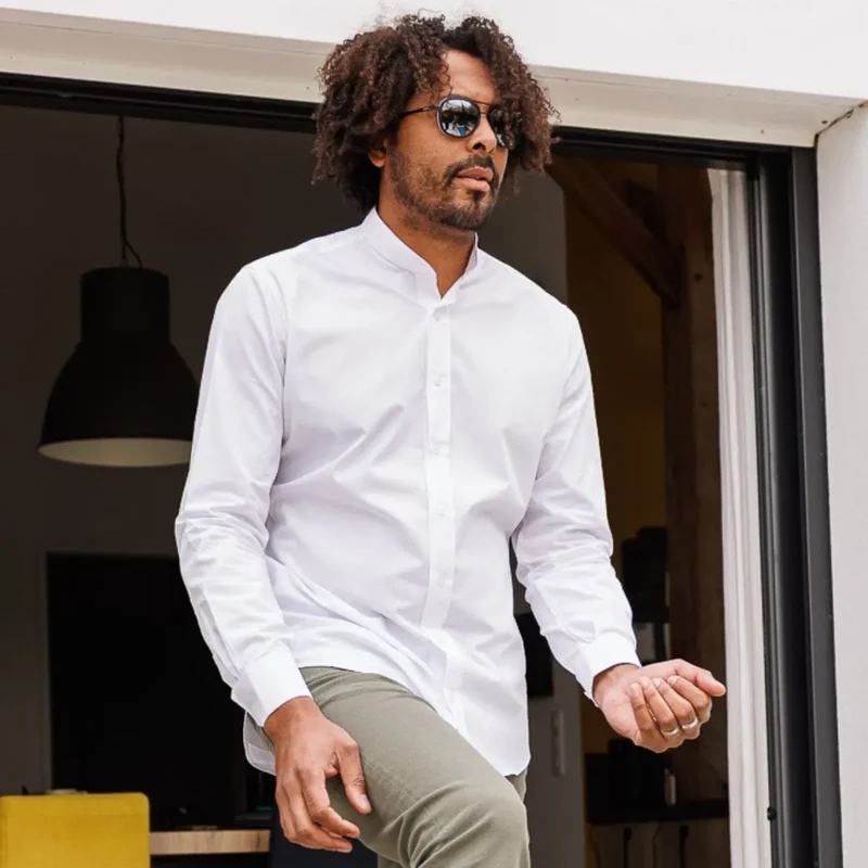 Chemise ajustée col mao coton Blanc